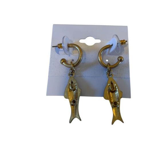 Zara Blue & Antique Gold Tone Drop Hoop Fish Earrings - Picture 4 of 5